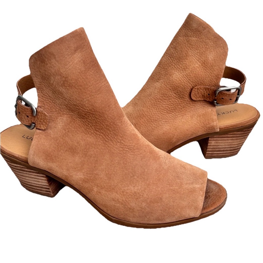 Lucky Brand Bray Buckle Slingback Peep-Toe Nubuck Leather Bootie 10 Medium